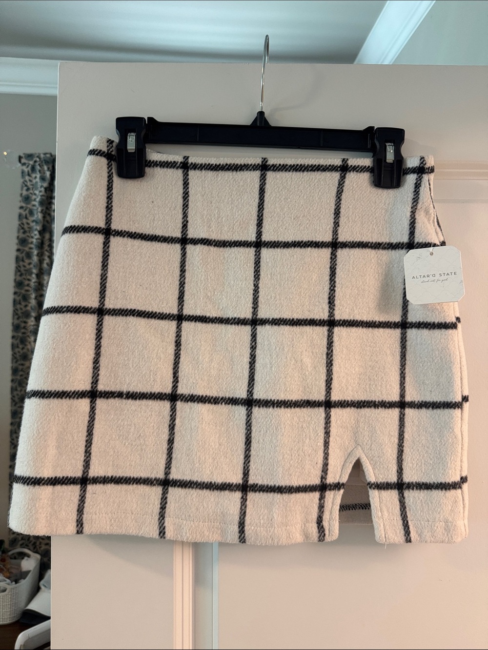 Altar'd State Cream and Black Windowpane Mini Skirt